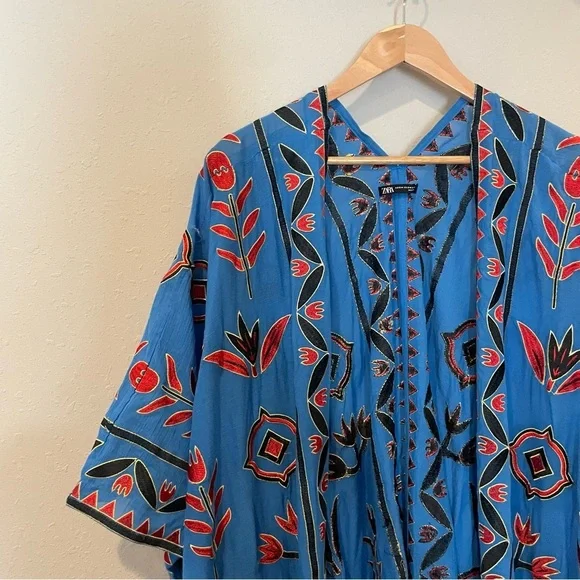 Zara Blue Floral Embroidered Kimono Kaftan - Picture 5 of 9